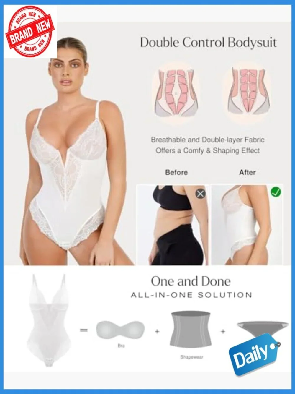Lace Corset Bodysuit Shapewear Tummy Control V Neck Sleeveless Body Shaper